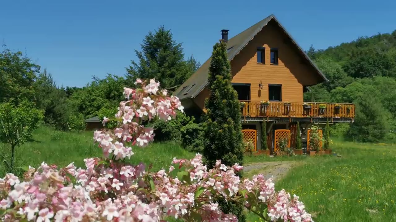 Le chalet en bois entouré de fleurs et de verdure au cœur du Massif du Sancy
